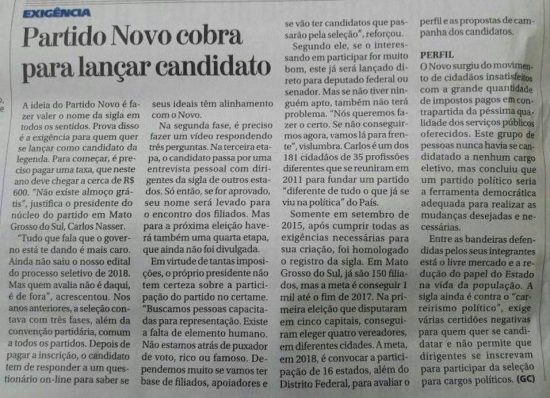 Print da matéria do jornal divulgada pelo NOVO. (Foto: Reprodução / Facebook)