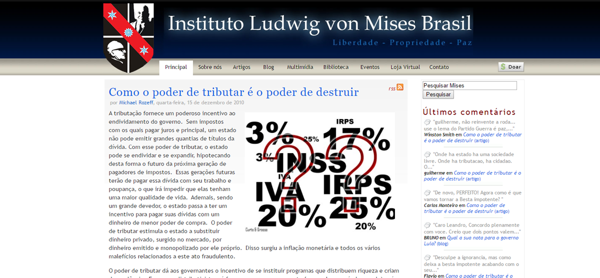 Site do Instituto Mises Brasil em 2010 (Foto: Reprodução)