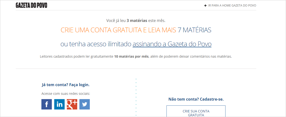 Para ler mais de 10 artigos, leitores terão de assinar a versão digital do jornal Gazeta do Povo. (Foto: Reprodução)