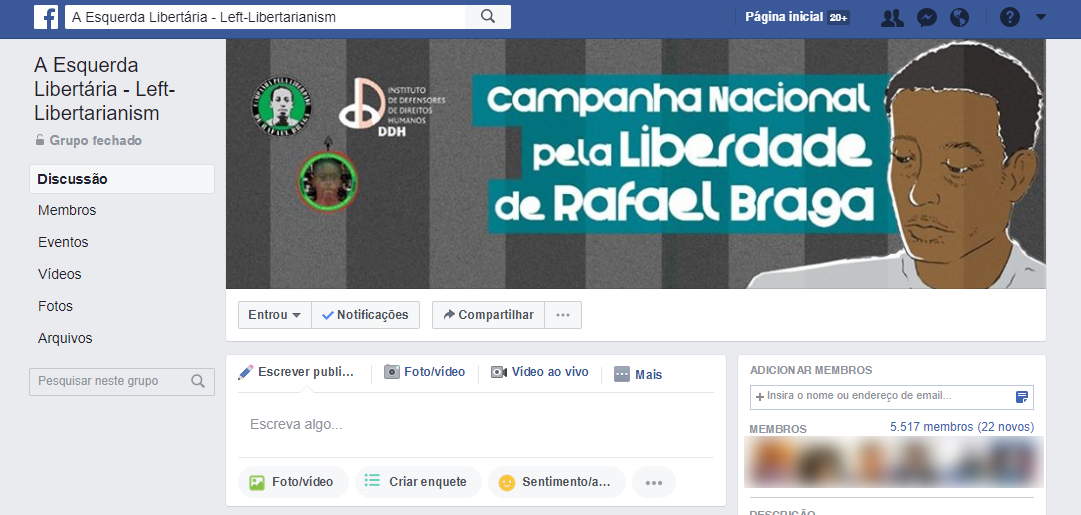 Foto de capa do grupo "A Esquerda Libertária" no Facebook é da campanha nacional pela liberdade de Rafael Braga (Foto: Reprodução / Facebook)