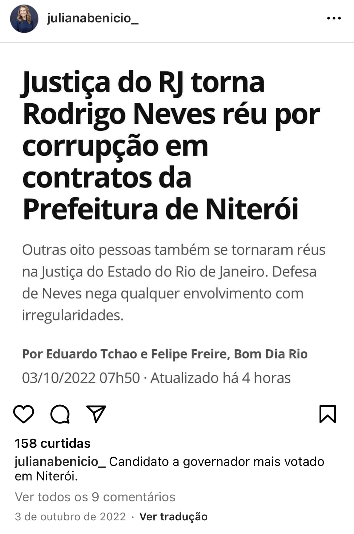 Juliana Benício dá as mãos a Rodrigo Neves